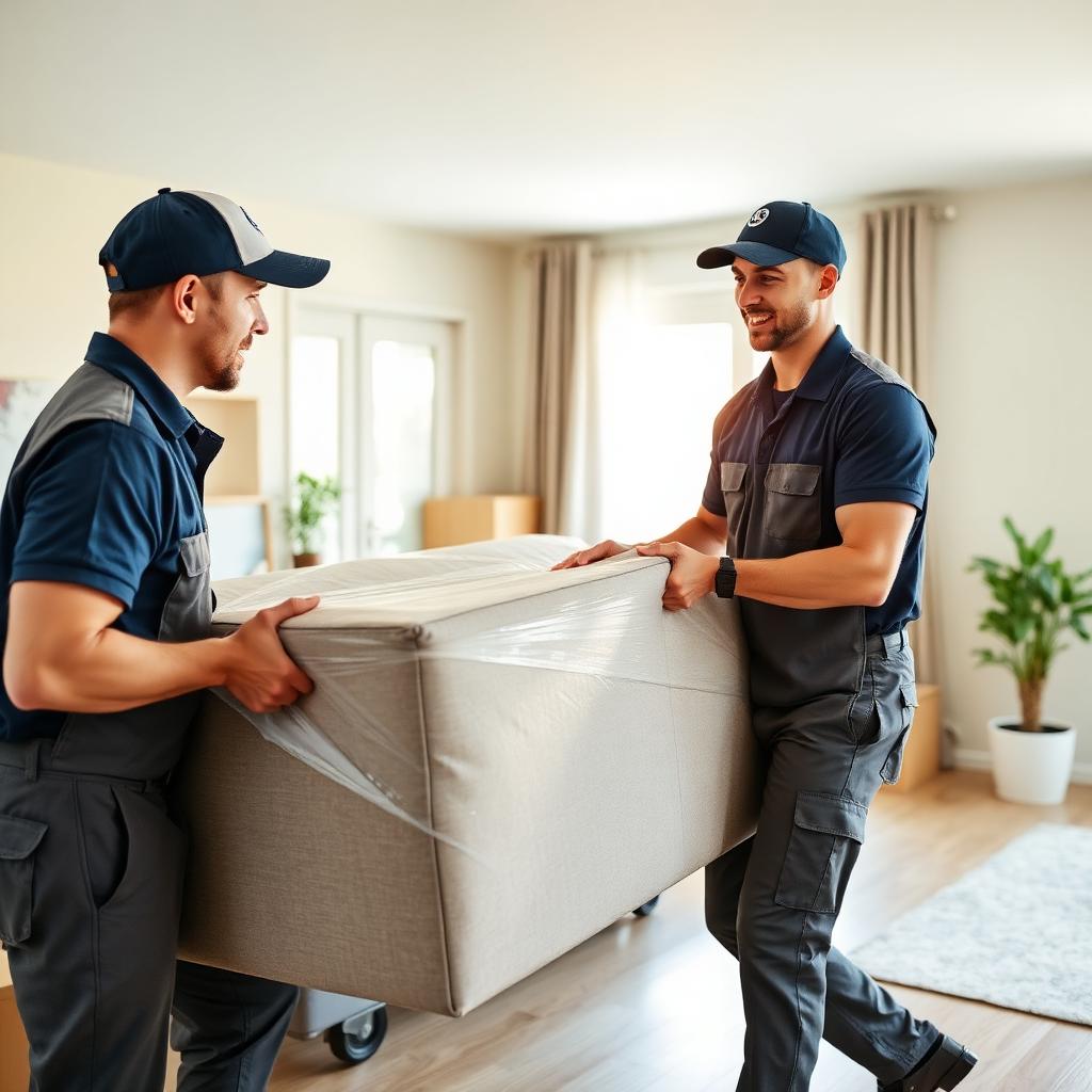Non Stop crew carefully wrapping a sofa